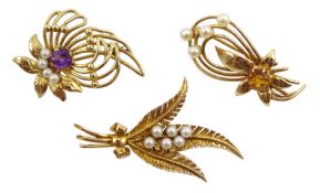 Two gold flower pearl and stone set brooches and a gold pearl brooch, all hallmarked 9ct