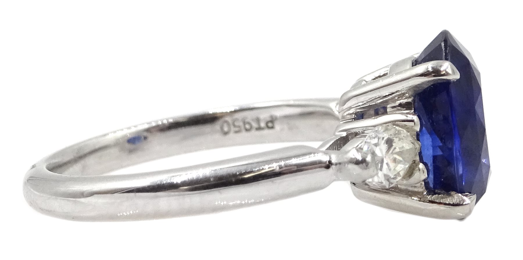 Platinum three stone oval sapphire and marquise diamond ring, hallmarked, sapphire approx 2.70 cara - Image 4 of 5