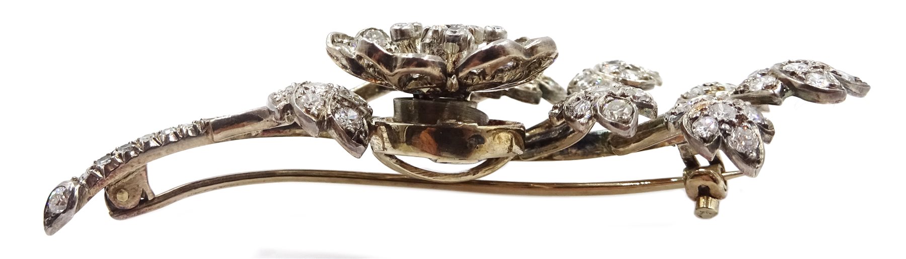 Gold and silver old cut diamond trembleuse spray flower brooch, retailed by Collingwood of Conduit - Image 3 of 5