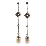 Pair of silver pearl and marcasite pendant earrings, stamped 925