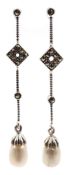 Pair of silver pearl and marcasite pendant earrings, stamped 925