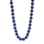 Lapis lazuli bead necklace, with 9ct gold clasp stamped 375