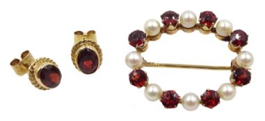 Gold garnet and pearl brooch and pair of garnet stud earrings, both hallmarked 9ct