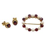 Gold garnet and pearl brooch and pair of garnet stud earrings, both hallmarked 9ct