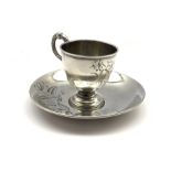 19th century Russian silver cup and saucer with engraved foliate decoration, D12cm (saucer) 4.2oz