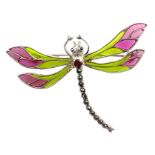 Silver plique-a-jour and marcasite dragonfly brooch, stamped 925