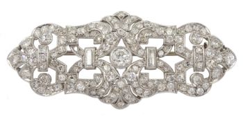 Art Deco platinum diamond set brooch, baguette and round cut diamonds