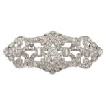 Art Deco platinum diamond set brooch, baguette and round cut diamonds