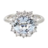 18ct white gold oval aquamarine and diamond cluster ring, hallmarked, aquamarine approx 2.20 carat,