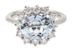 18ct white gold oval aquamarine and diamond cluster ring, hallmarked, aquamarine approx 2.20 carat,