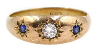Gold sapphire and diamond gypsy set ring, stamped 18ct