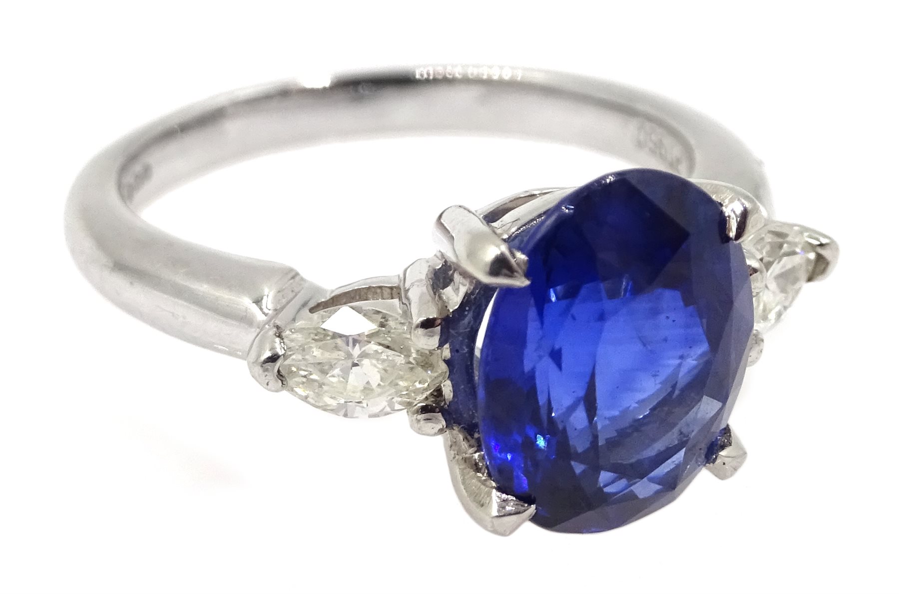 Platinum three stone oval sapphire and marquise diamond ring, hallmarked, sapphire approx 2.70 cara - Image 3 of 5