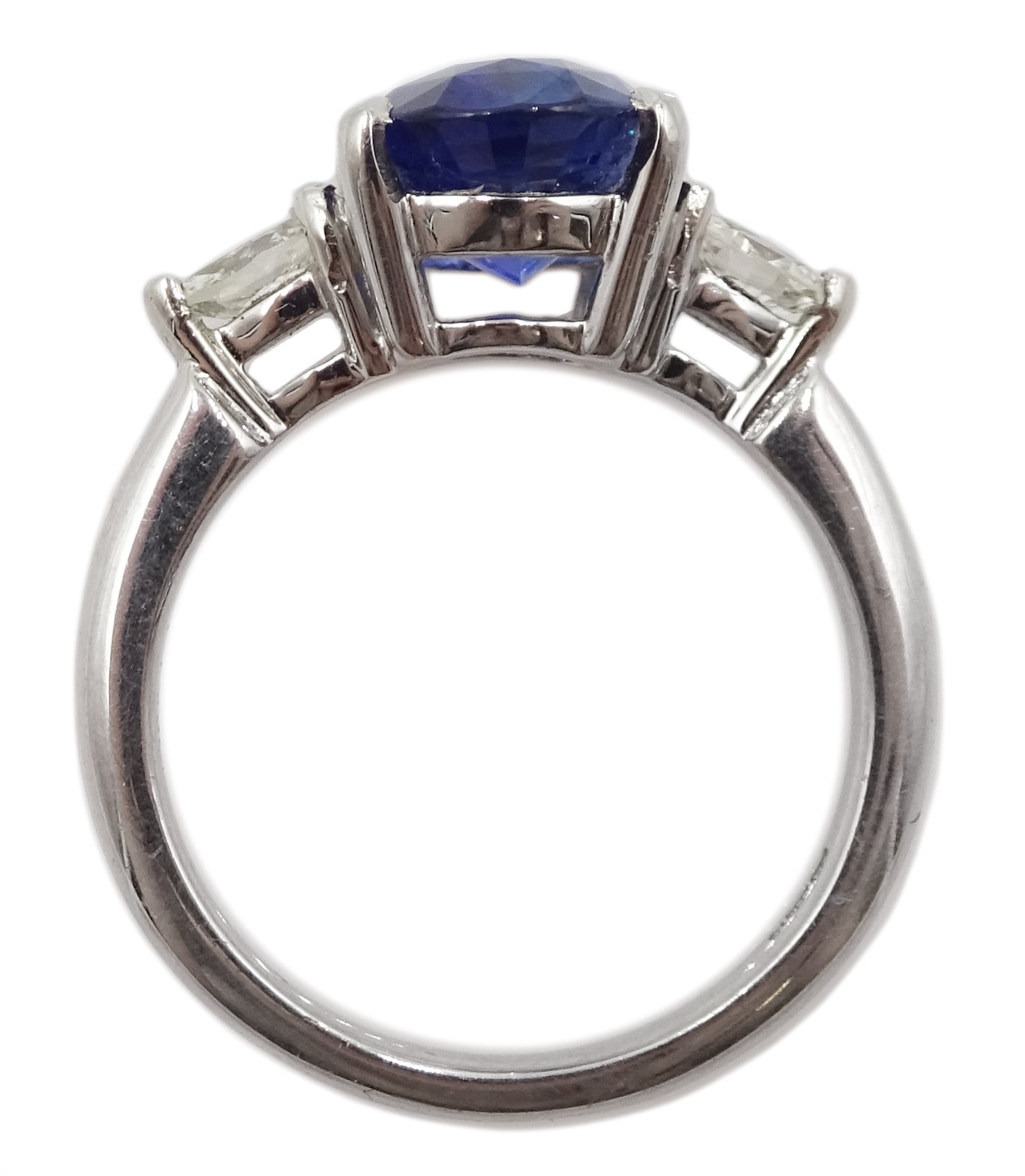 Platinum three stone oval sapphire and marquise diamond ring, hallmarked, sapphire approx 2.70 cara - Image 5 of 5