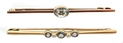 Gold blue topaz and pearl brooch stamped 15ct and gold oval topaz brooch, stamped 9ct