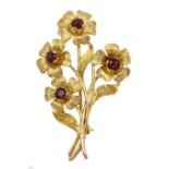 9ct gold garnet set flower spray brooch, hallmarked