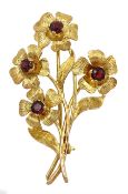 9ct gold garnet set flower spray brooch, hallmarked