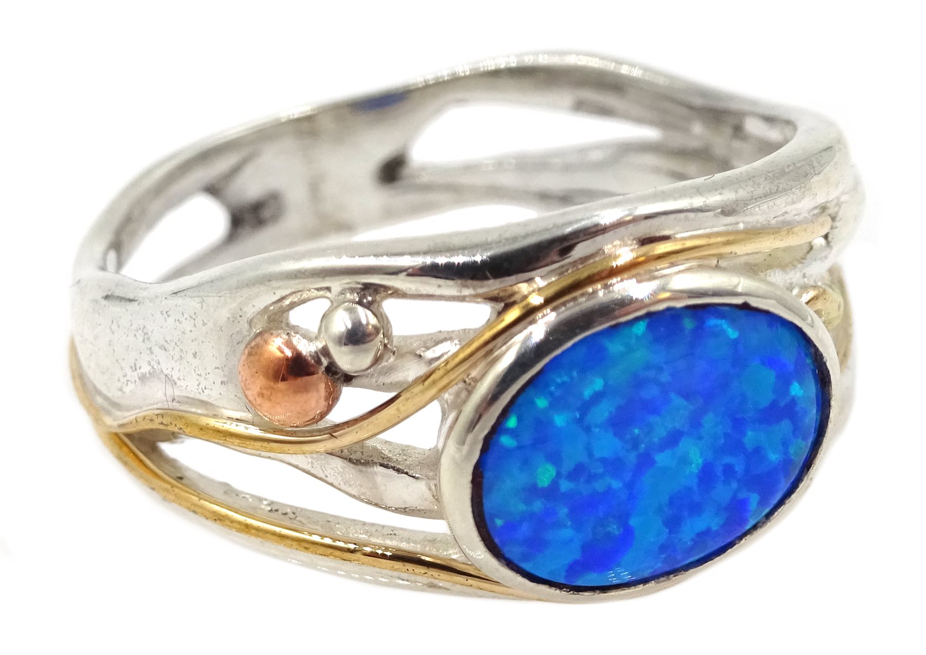 Silver and 14ct gold wire opal ring, stamped 925 - Image 2 of 3