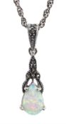 Silver opal and marcasite pendant necklace, stamped 925