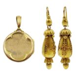 Pair of 14ct gold pendant earrings and a 9ct gold locket