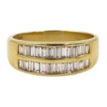 18ct gold channel set, baguette diamond double row ring, hallmarked