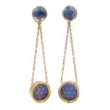 Pair of 18ct gold rainbow moonstone pendant earrings, cabochon and carved scale design, hallmarked