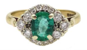 9ct gold oval emerald and diamond dress ring, hallmarked