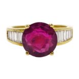 18ct gold round ruby ring, with baguette diamond shoulders, ruby approx 3.30 carat, diamond total w