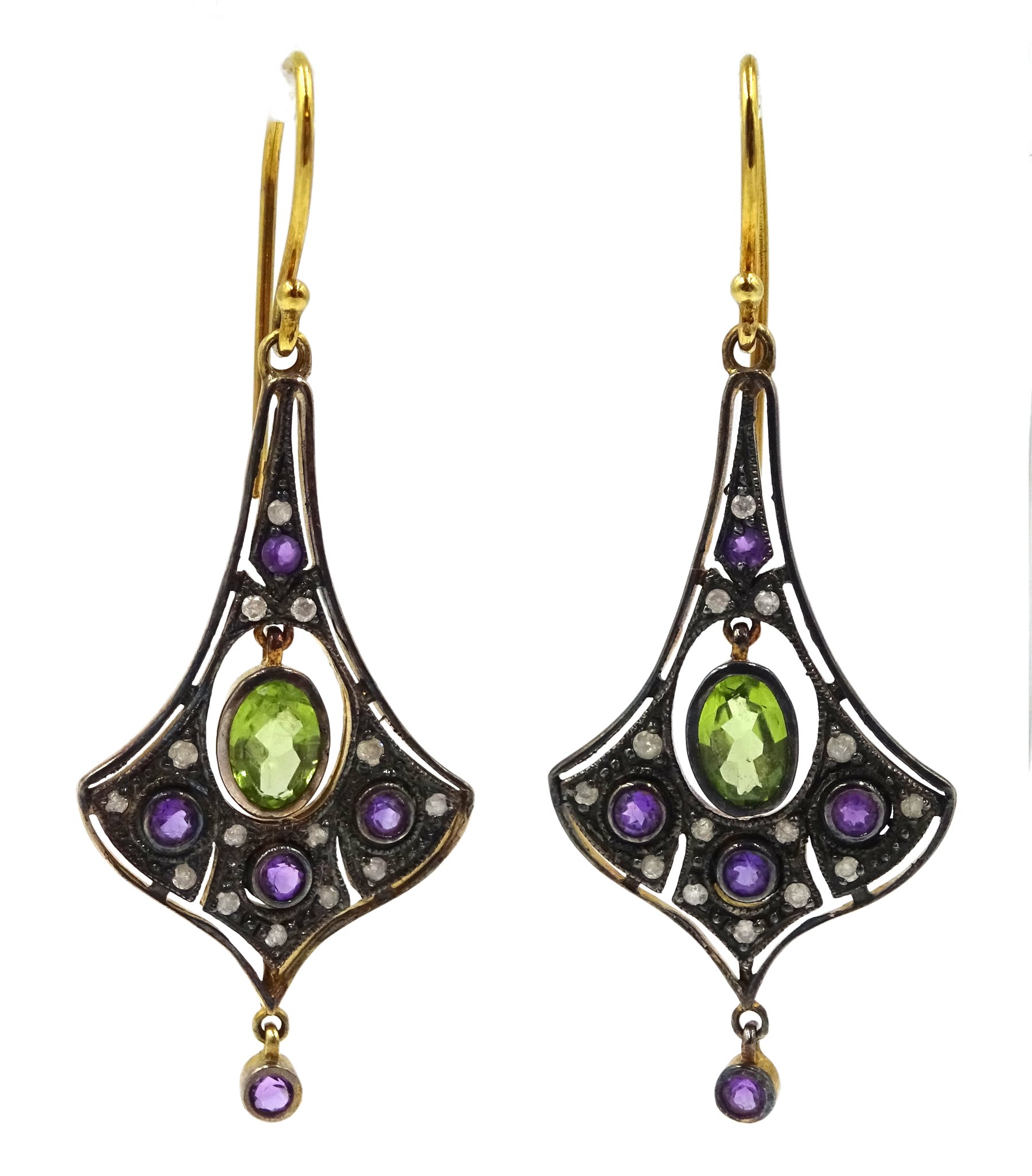 Pair of amethyst, peridot and diamond flared design pendant earrings