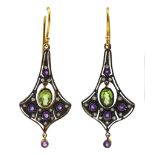 Pair of amethyst, peridot and diamond flared design pendant earrings