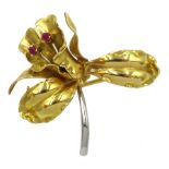 18ct gold two stone ruby flower brooch, hallmarked