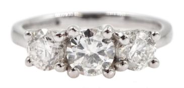 Platinum three stone round brilliant cut dimaond ring, hallmarked, total diamond weight approx 1.50