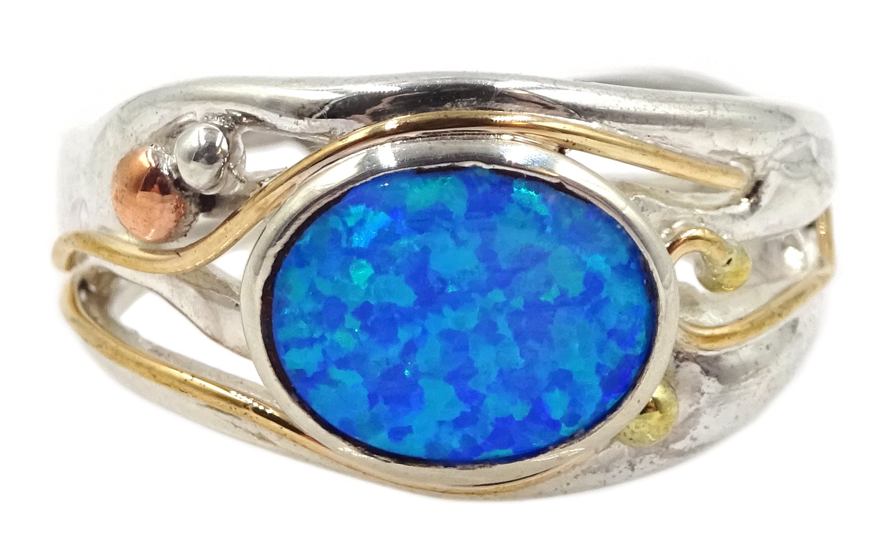 Silver and 14ct gold wire opal ring, stamped 925