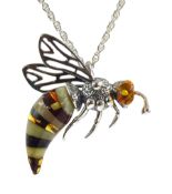 Silver amber honey bee pendant necklace stamped 925