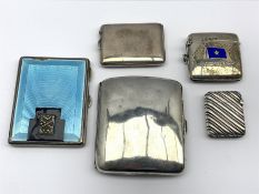 Silver and blue enamel cigarette case with a marcasite panel Birmingham 1930, plain silver cigarett