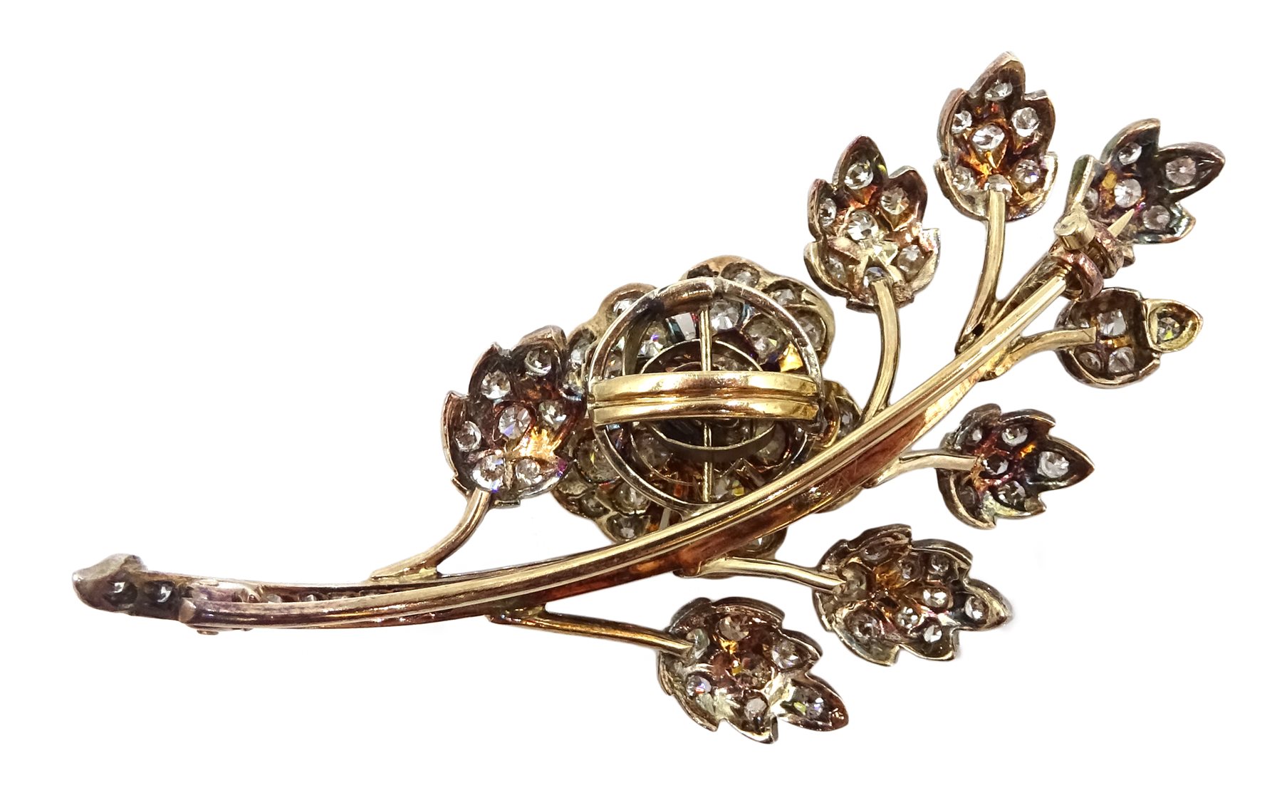 Gold and silver old cut diamond trembleuse spray flower brooch, retailed by Collingwood of Conduit - Image 4 of 5