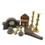 Early 20th century inkwell in the form of a curling iron, pair of Victorian brass candlesticks, lea