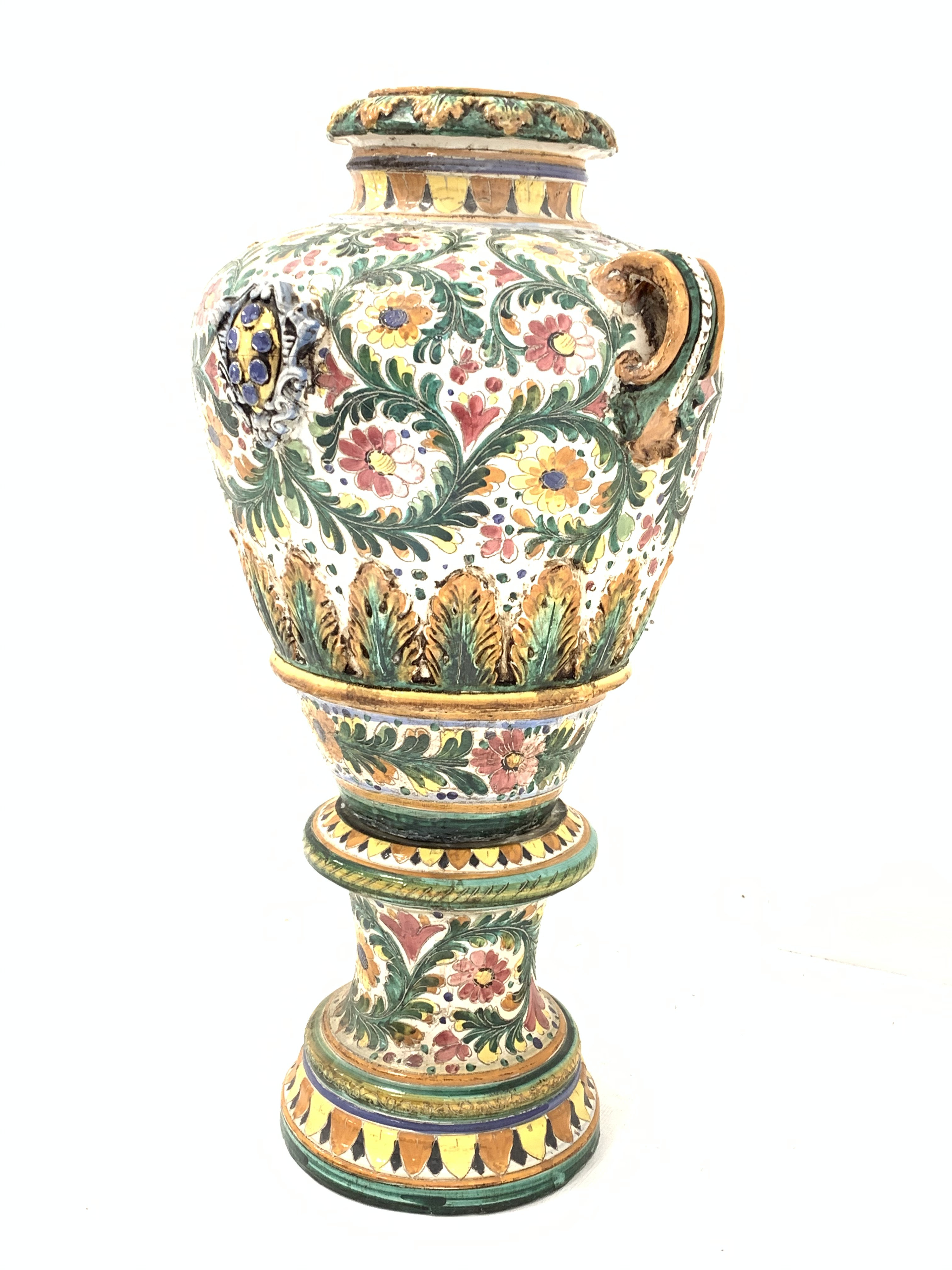 Very large Italian Majolica twin handled urn form vase on pedestal base with incised decoration, H1 - Image 6 of 9