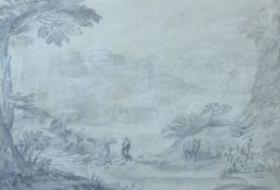 Circle of Claude Lorrain (French 1600-1682): Figures Before a Castle, pencil and wash bears signatu