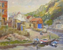 Anne Williams (British 20th century): 'Staithes', oil on board signed, titled on label verso 44cm x