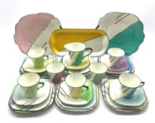 Art Deco Collingwood's Harlequin tea set comprising seven cups, ten saucers, six tea plates, ten si