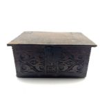 18th Century oak box with scroll carved front panel initialled 'FB' and with plain hinged lid 52cm