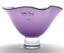 Gillies Jones Rosedale purple glass bowl with crimped black rim on a short pedestal foot, D15.5cm x