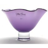 Gillies Jones Rosedale purple glass bowl with crimped black rim on a short pedestal foot, D15.5cm x