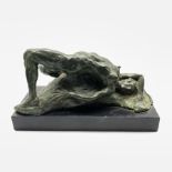 Bronze study of a nude girl by B.C Zheng on black marble plinth, L