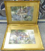 Cyril Wood (British early 20th century): Warwickshire Cottage Gardens, pair watercolours signed 25c
