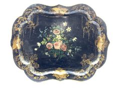 Victorian papier mache tray of serpentine outline painted with flowers 63cm x 49cm