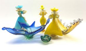 Three Murano glass dancers, H38cm two Murano glass bowls of elongated form and small dish (6)