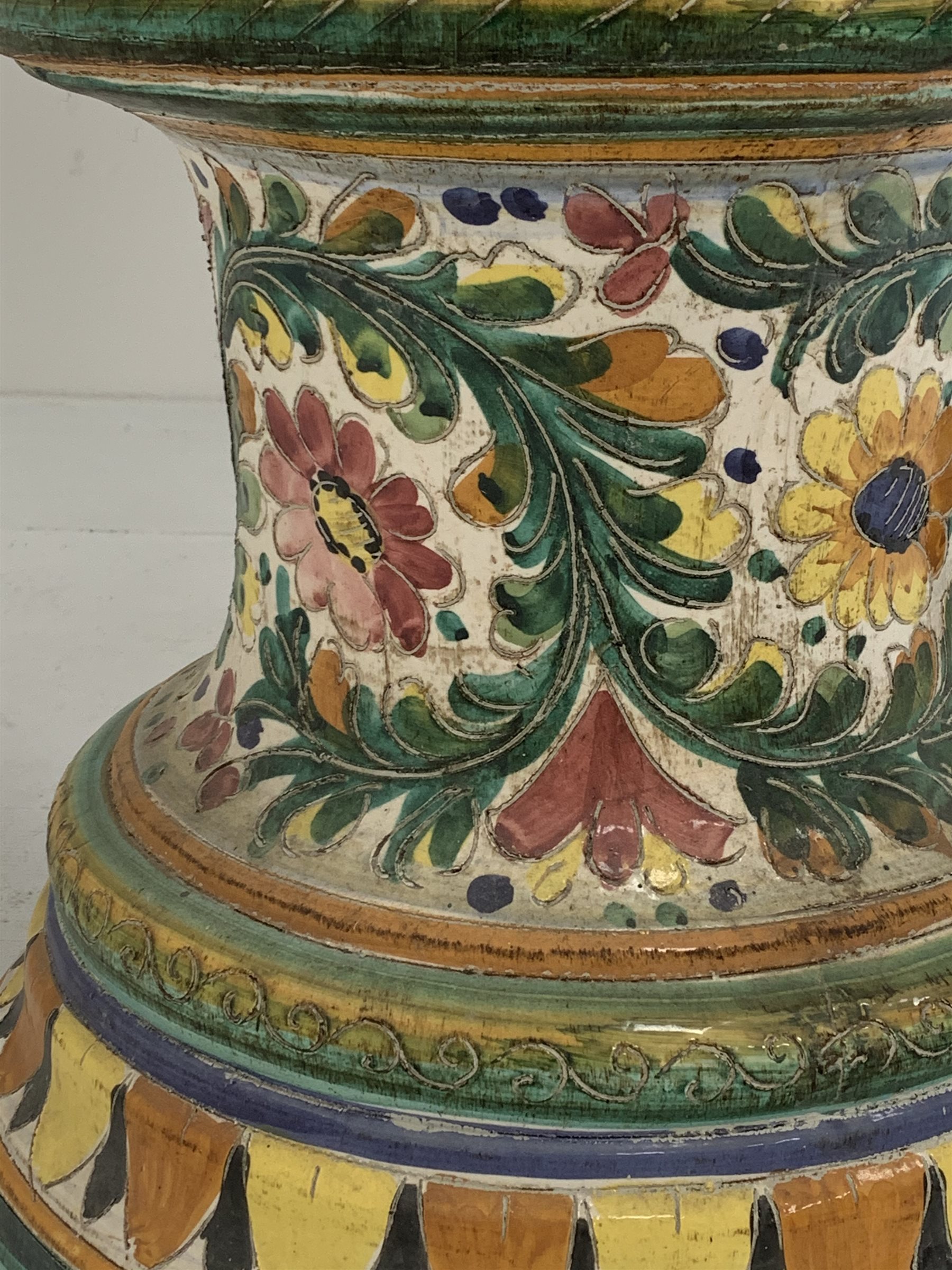 Very large Italian Majolica twin handled urn form vase on pedestal base with incised decoration, H1 - Image 4 of 9