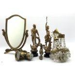 Lucas brass cycle lamp, pair of matched spelter figures, brass model of a Native American Indian on