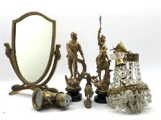 Lucas brass cycle lamp, pair of matched spelter figures, brass model of a Native American Indian on